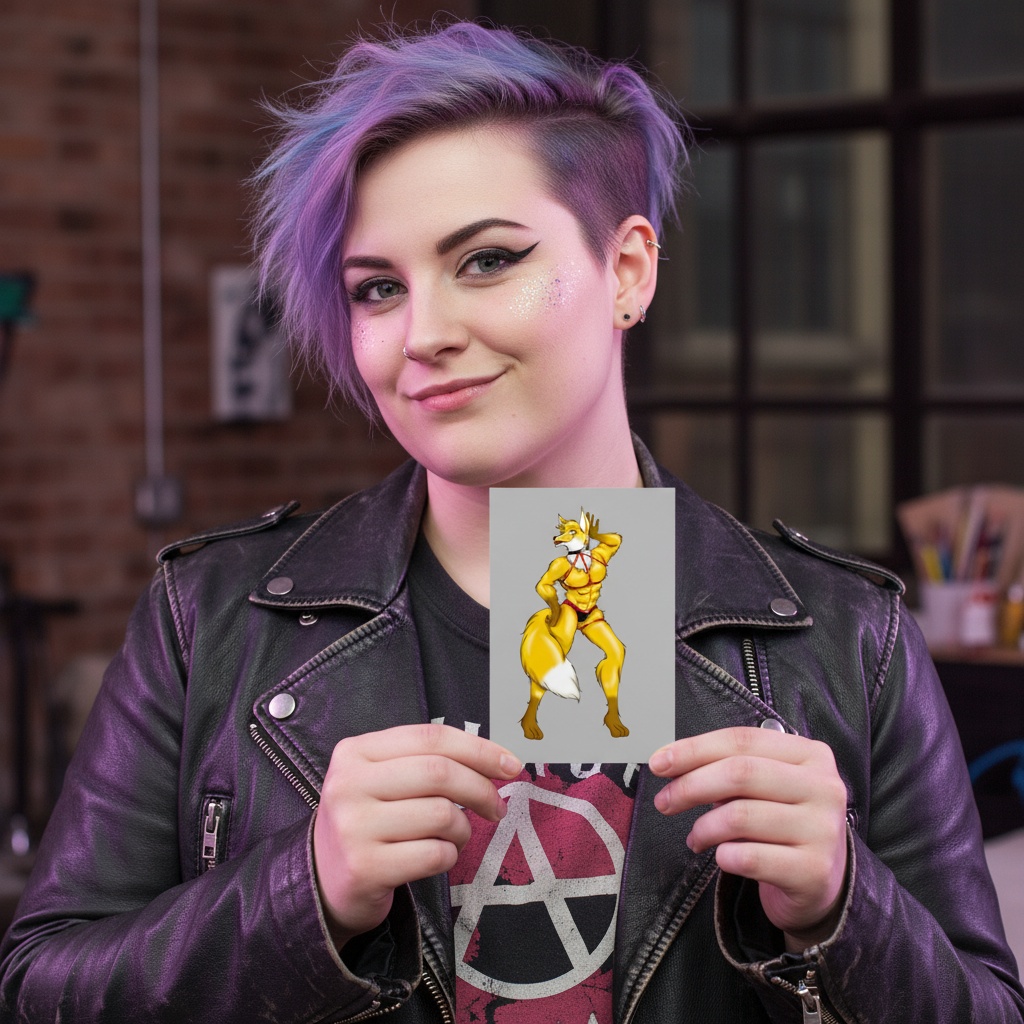 Hot Gay Furry Postcard with a buff yellow fox, held by a smiling person in purple-blue hair, glitter makeup