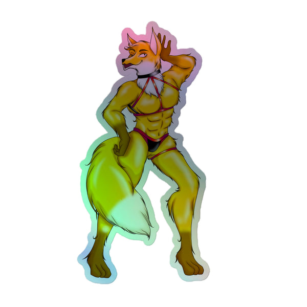 Illustrated holographic sticker of a muscular orange fox character in black and red harness gear