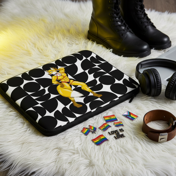 Laptop sleeve with a yellow fox furry illustration on a black-and-white pattern, beside boots and rainbow pins