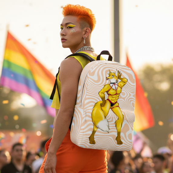 Hot Gay Furry Minimalist Backpack with a muscular fox in a bikini, worn at Pride by someone in orange