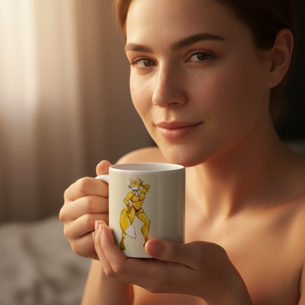 Person holds a white mug showing a muscular yellow fox-like character in underwear
