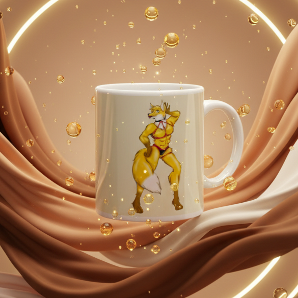White mug with a muscular anthropomorphic fox in a red bikini top, against draped fabric