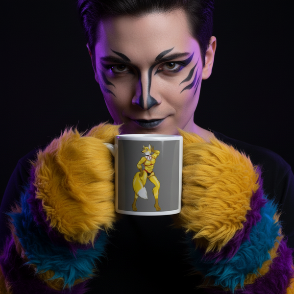Person in tiger-style face paint and furry paws holds a mug with a yellow fox illustration