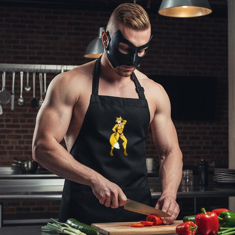 Masked muscular person in a black apron with a yellow furry character slices vegetables in a kitchen