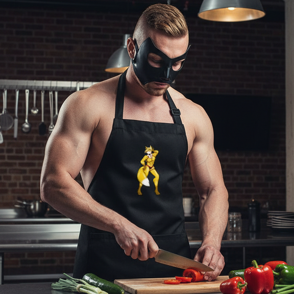 Masked muscular person in a black apron with a yellow furry character slices vegetables in a kitchen