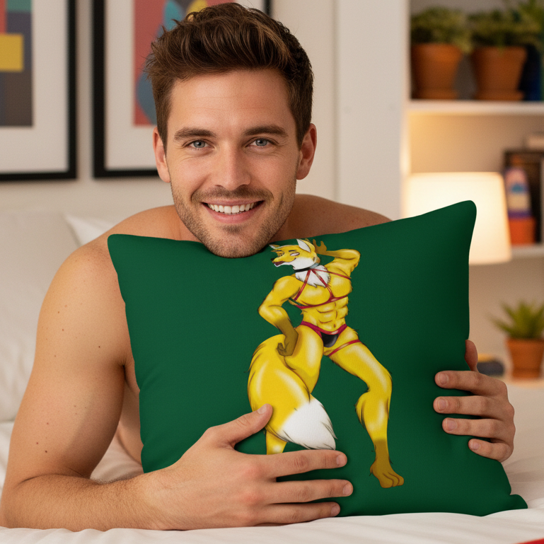Smiling person on bed hugs a Hot Gay Furry Pillow with a yellow fox in red lingerie
