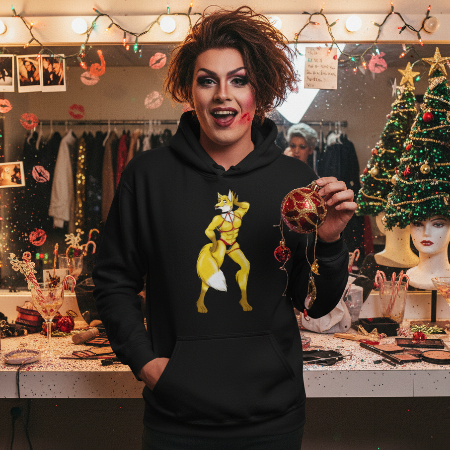 Person in stage makeup wearing a black hoodie with a yellow fox in lingerie, holding a glittery ornament