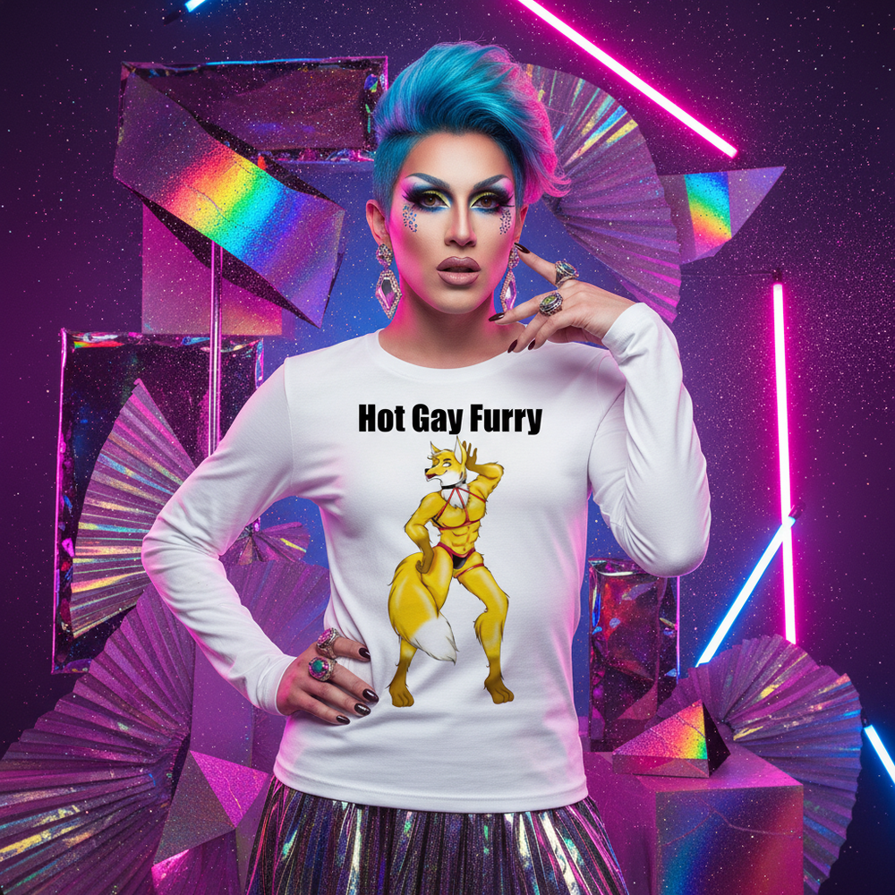 Drag model wearing a white long-sleeve shirt reading “Hot Gay Furry” with a fox illustration