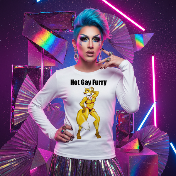 Drag model wearing a white long-sleeve shirt reading “Hot Gay Furry” with a fox illustration