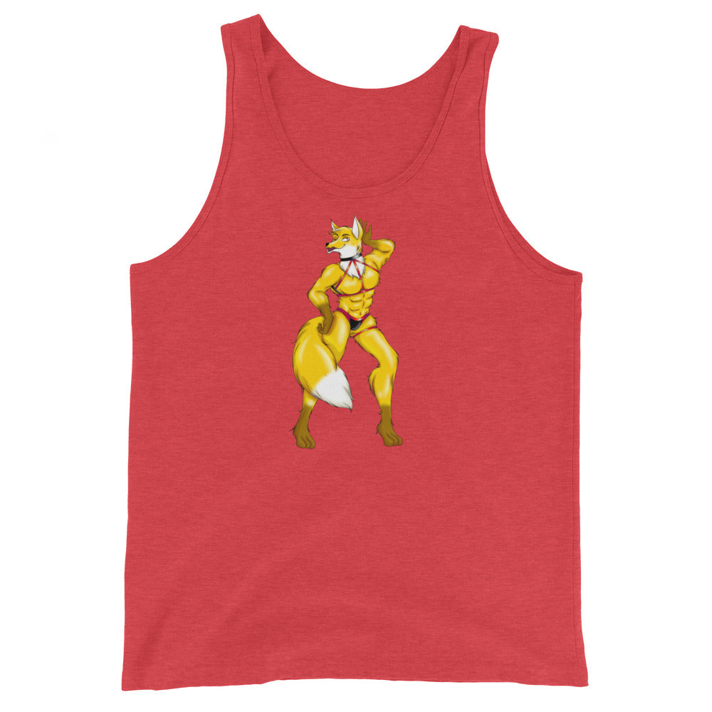 Unisex red tank top with a bold, centered print of a strong yellow fox with white details