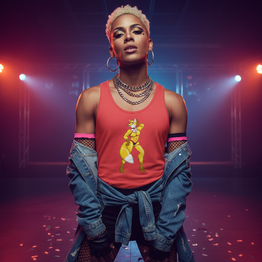 Person modeling a red tank top with a yellow cartoon animal graphic under colorful stage lights