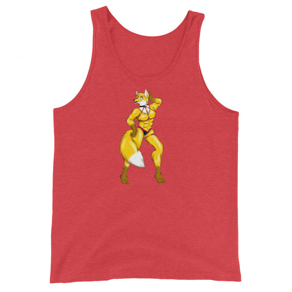 Unisex red tank top with a bold, centered print of a strong yellow fox with white details