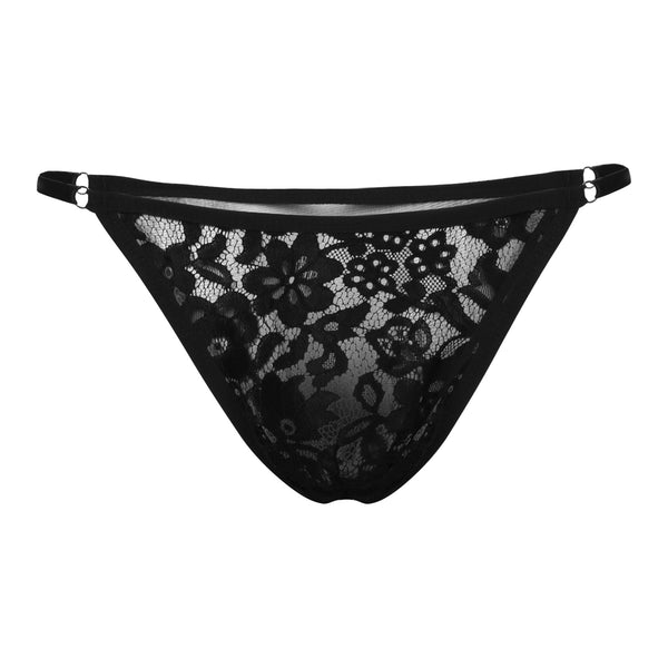 Front view of a black floral lace thong with mesh trim and ring details