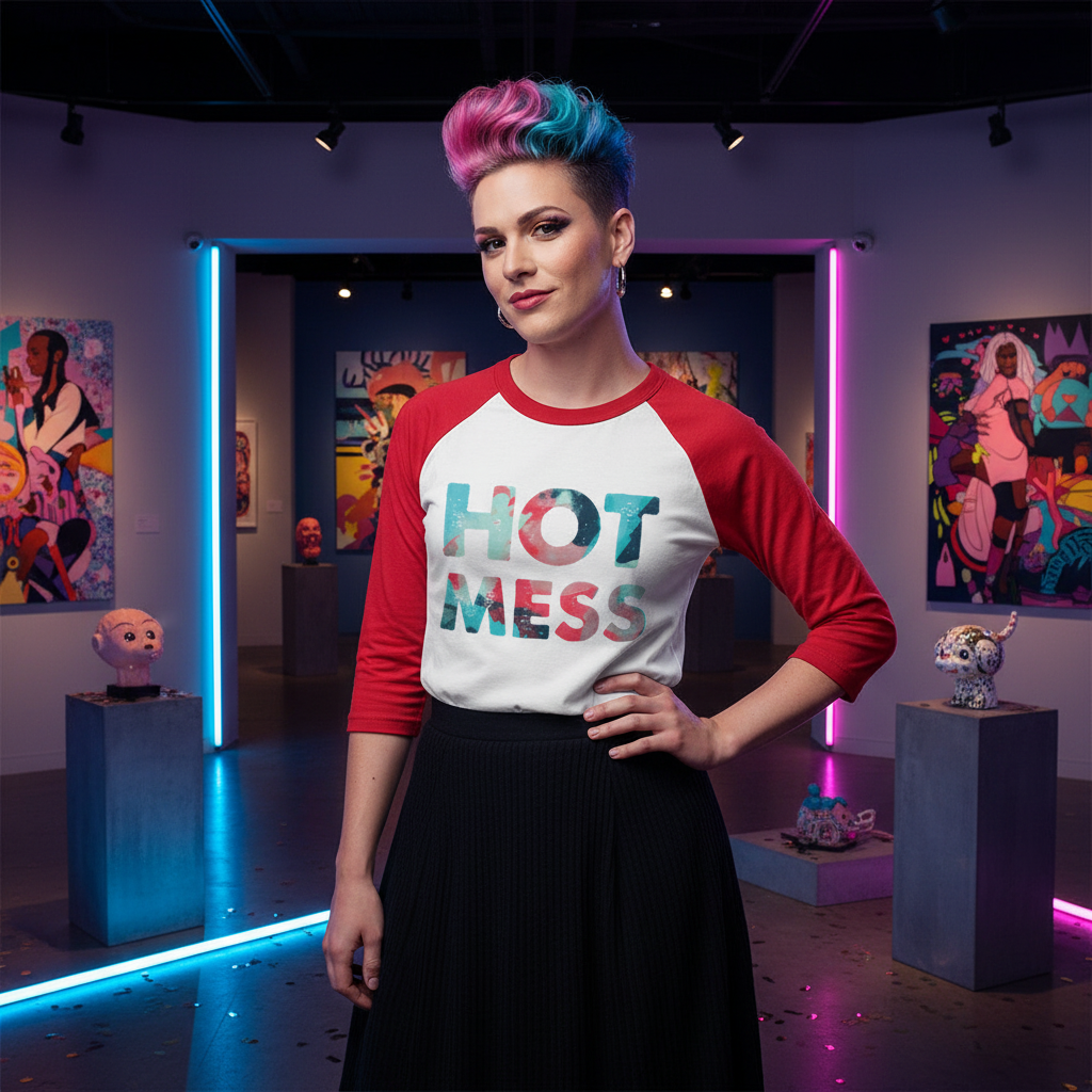 Hot Mess 3/4 Sleeve Raglan Shirt on a confident person with pink and blue hair in a neon-lit, art-filled queer gallery space.