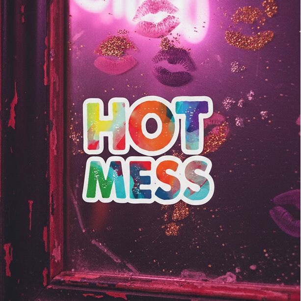 Hot Mess Bubble-Free Stickers with gold, purple, and pink glitter lips