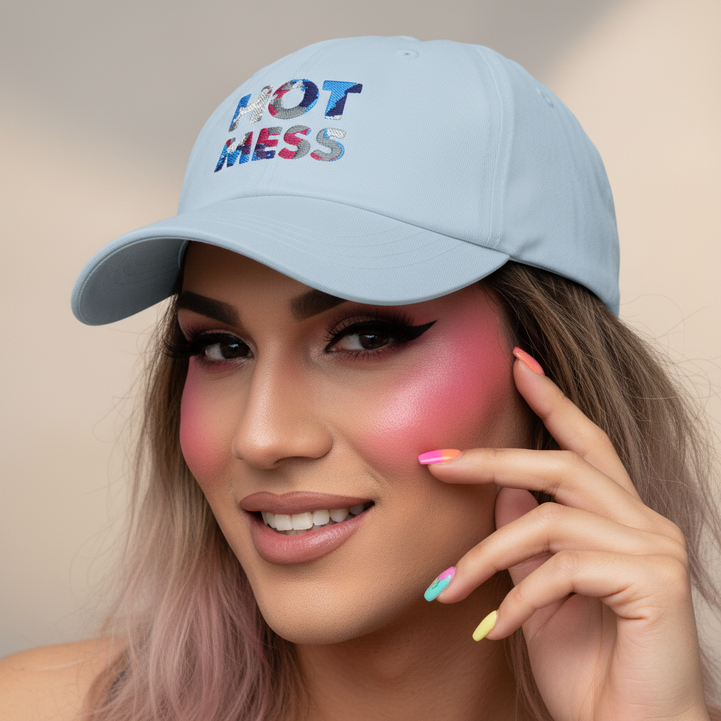 Pastel blue pride hat embroidered with iridescent “HOT MESS”, worn by a person in bold makeup and pastel nails, smiling