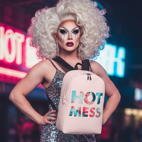 Hot Mess Minimalist Backpack with bold “HOT MESS” text, held by a person in drag makeup, white wig, and silver dress at night