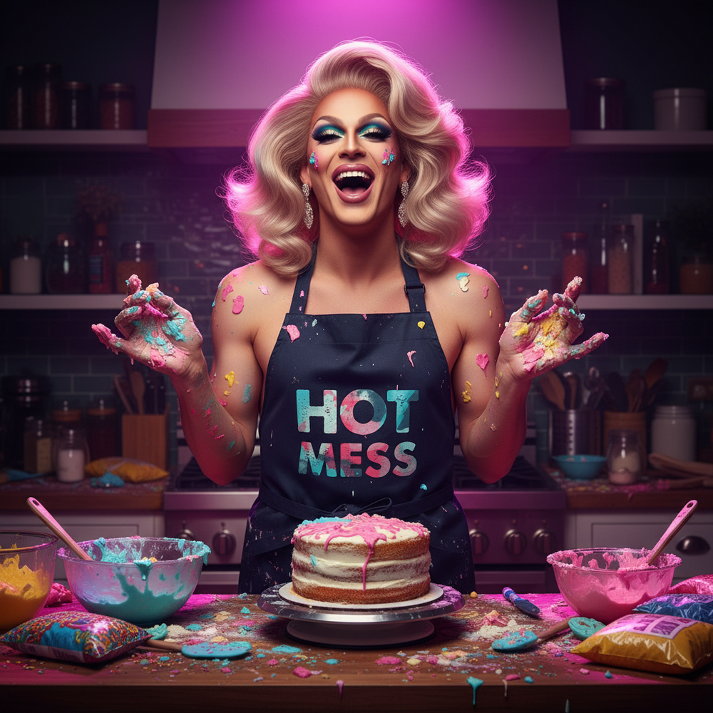 Front-facing drag performer wearing a black “HOT MESS” apron behind a cake-covered baking counter