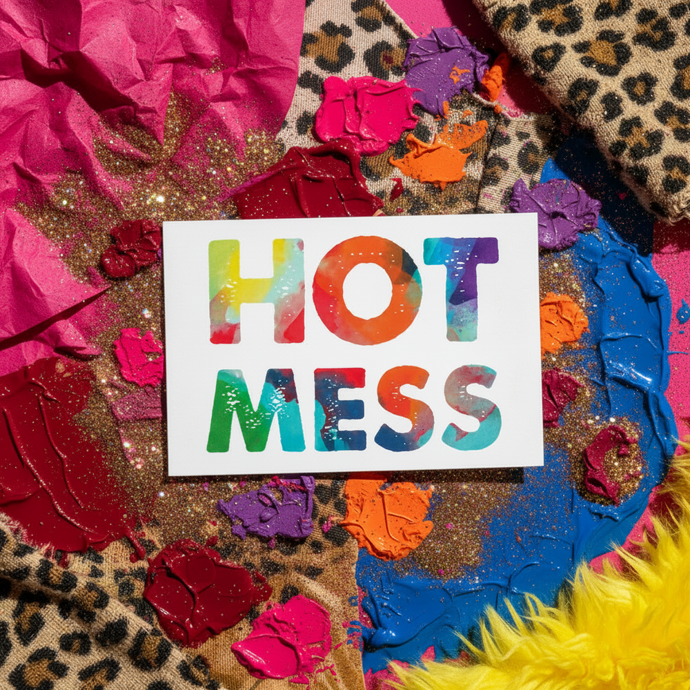 Hot Mess Postcard with “HOT MESS” in bold over leopard print, gold glitter, pink tissue, paint smears, and yellow faux fur