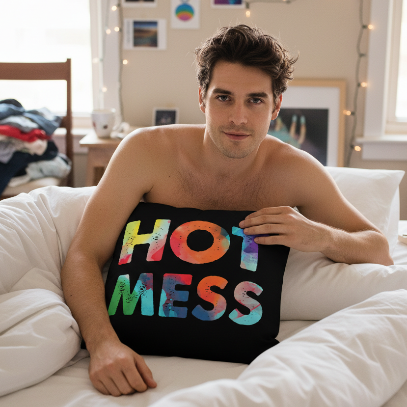 Shirtless person with tousled hair on bed, holding "Hot Mess" pillow in colorful letters; cozy room, string lights