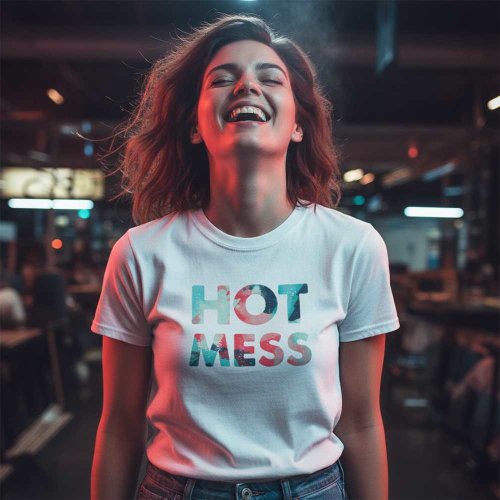 Unisex “Hot Mess” T-shirt with bold, vibrant lettering, worn by a person laughing under rainbow lights