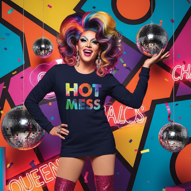 Hot Mess Unisex Long Sleeve T-Shirt with bold, colorful letters, worn by a drag queen in rainbow hair amid neon, glitter
