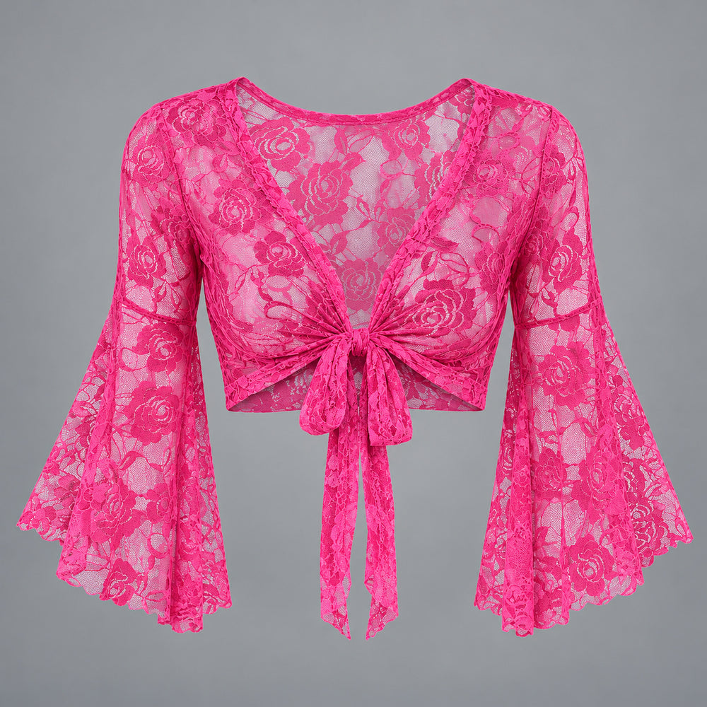 Hot pink floral lace tie-front shrug with both flared sleeves fully visible against grey.
