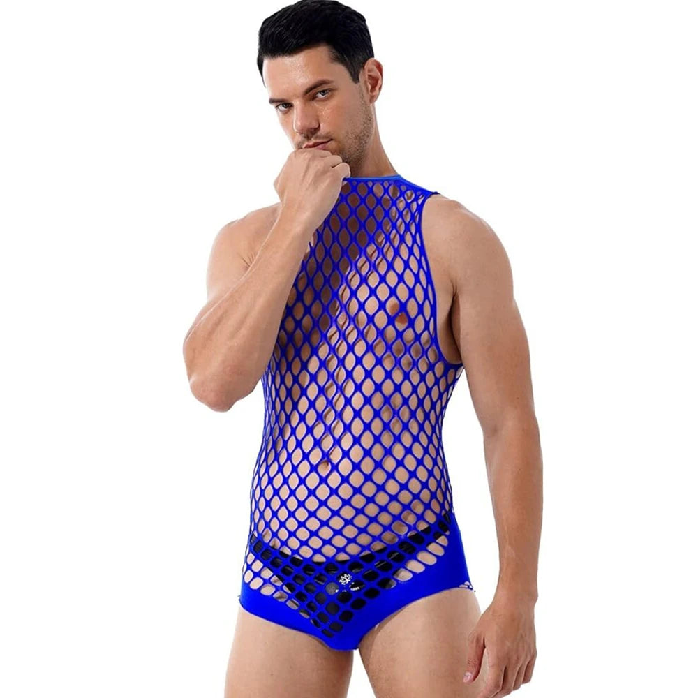 Front view of a model wearing a bright blue fishnet mesh bodysuit with briefs-style bottom