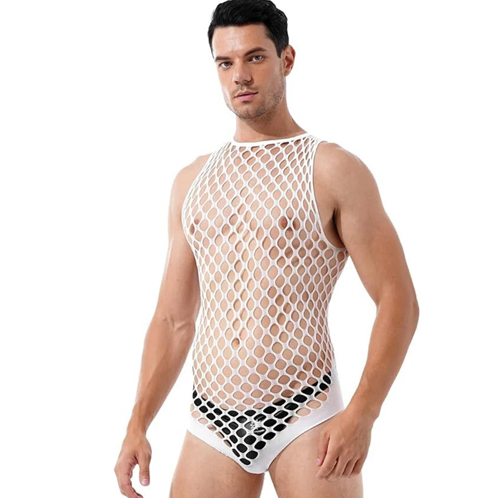 White fishnet bodysuit with large mesh openings, modeled from the front
