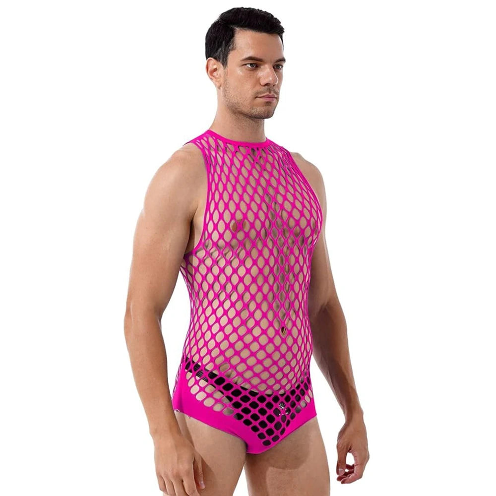 Front view of a model wearing a hot pink fishnet bodysuit with high-cut legs