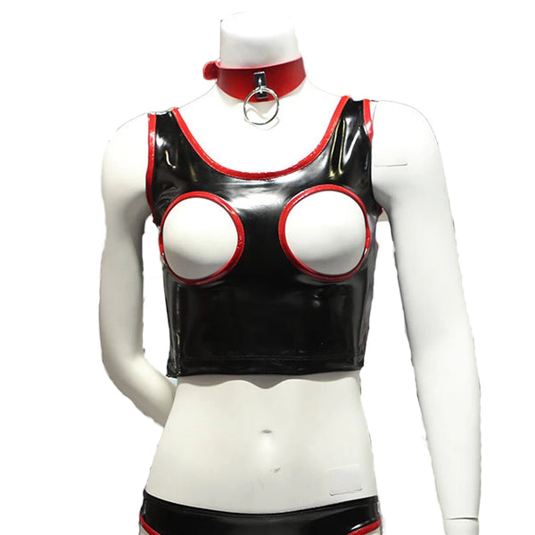 Front view of a black vinyl crop top with red trim and circular bust cutouts