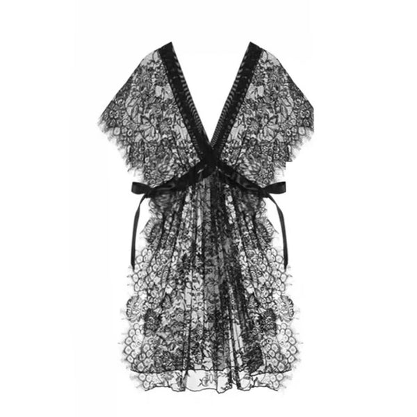 Front-facing black lace robe with short sleeves, ribbon waist ties, and a scalloped hem