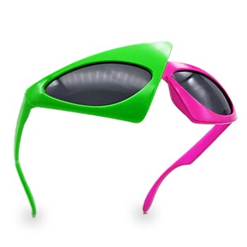 Green and pink angular rave sunglasses shown crossed at an angle on white
