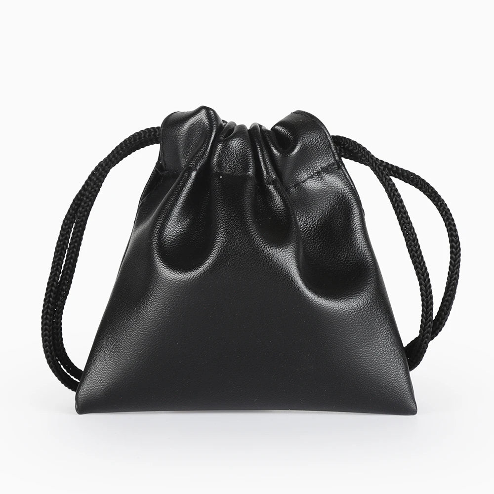 Front view of a black leather drawstring pouch with braided cords on white