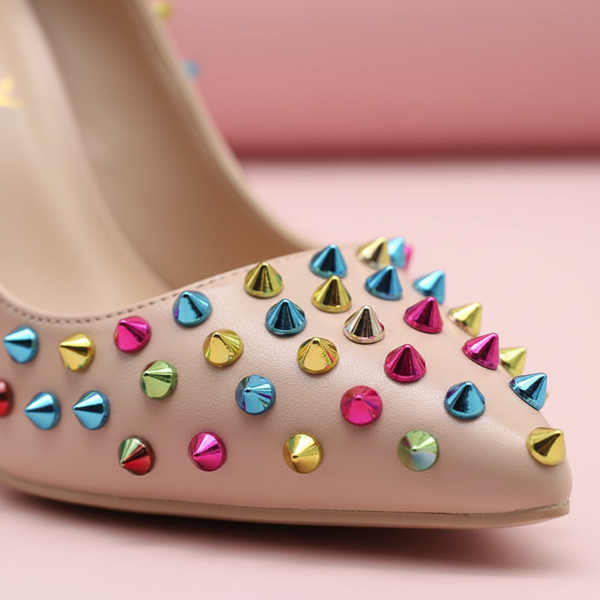 Close-up of a blush pink high heel with multicolored metallic cone studs