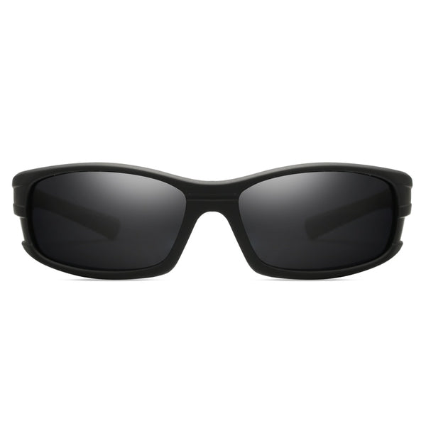 Front view of black wraparound sunglasses with dark lenses on a white background