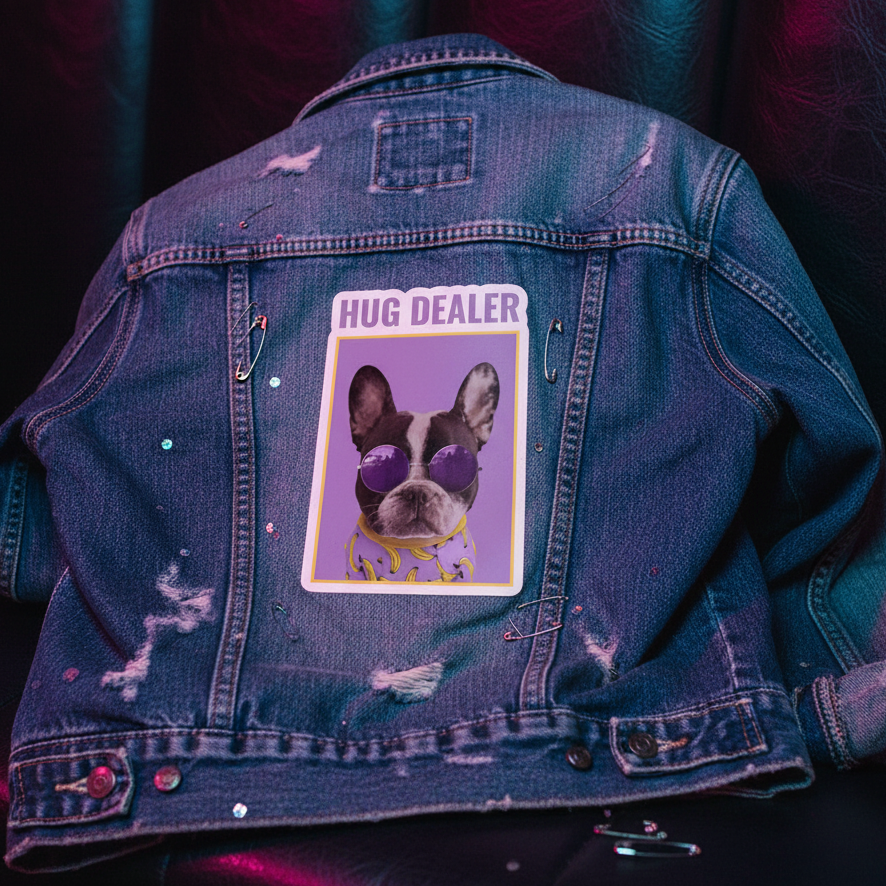 Hug Dealer bubble-free sticker with a French Bulldog in sunglasses and rainbow scarf on blue distressed denim, purple-lit