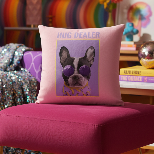 Pink cushion with French Bulldog in purple sunglasses and bandana, bold "HUG DEALER" text, on magenta bench