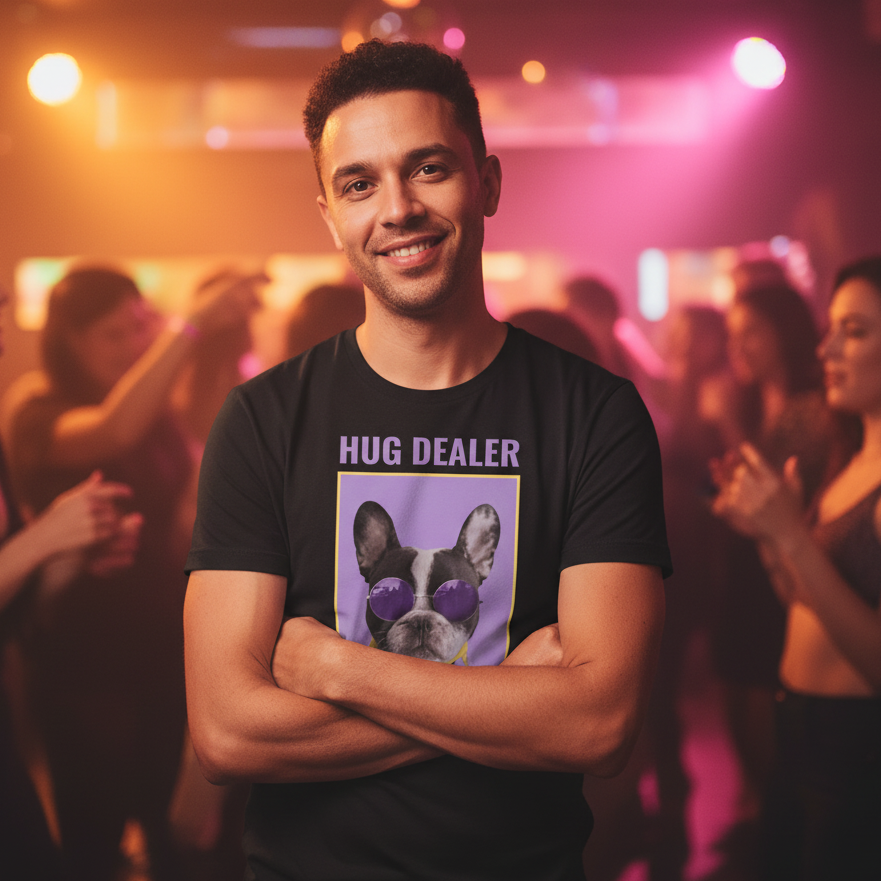 Hug Dealer T-Shirt, black cotton with "HUG DEALER" in bold purple and a French bulldog in shades