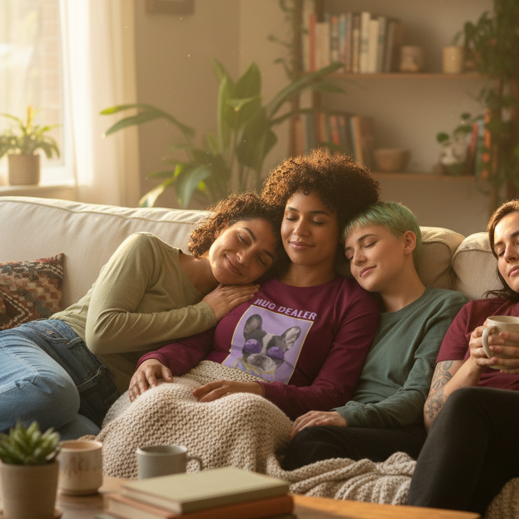Hug Dealer Unisex Long Sleeve T-Shirt worn by a friend lounging with pals on a couch, sunlight, mugs, books