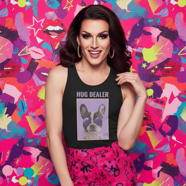 Hug Dealer Unisex Tank Top, modeled by a person, pops against pink, purple, and yellow background