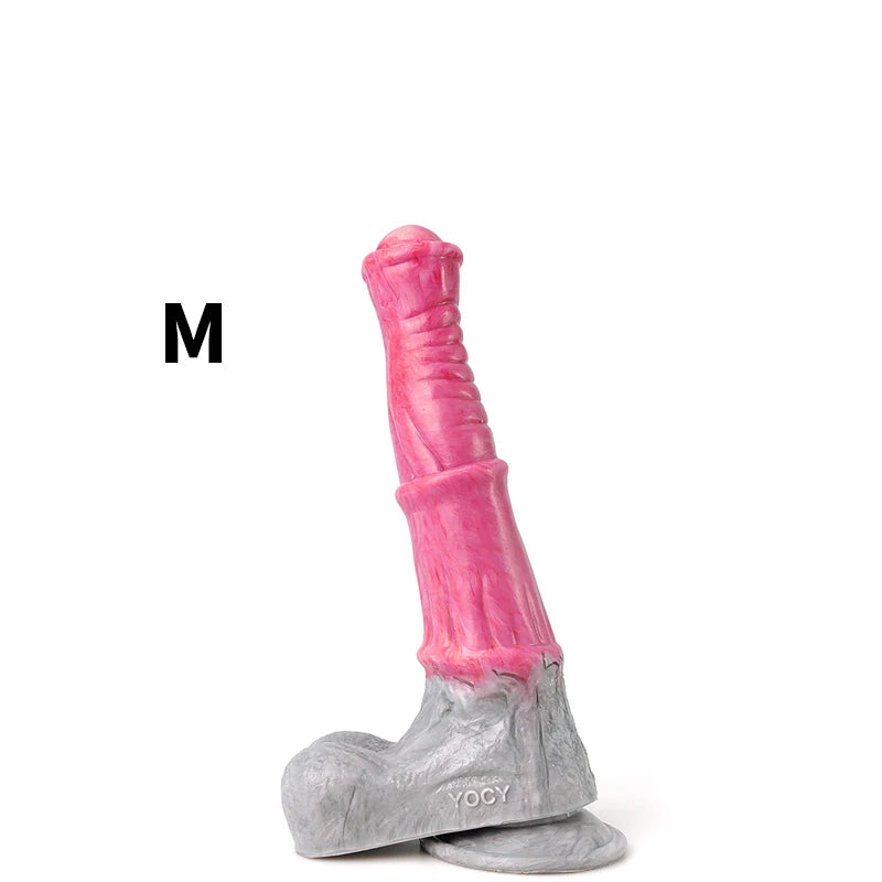 Medium pink-and-gray realistic horse dildo standing upright on a base, marked “M”