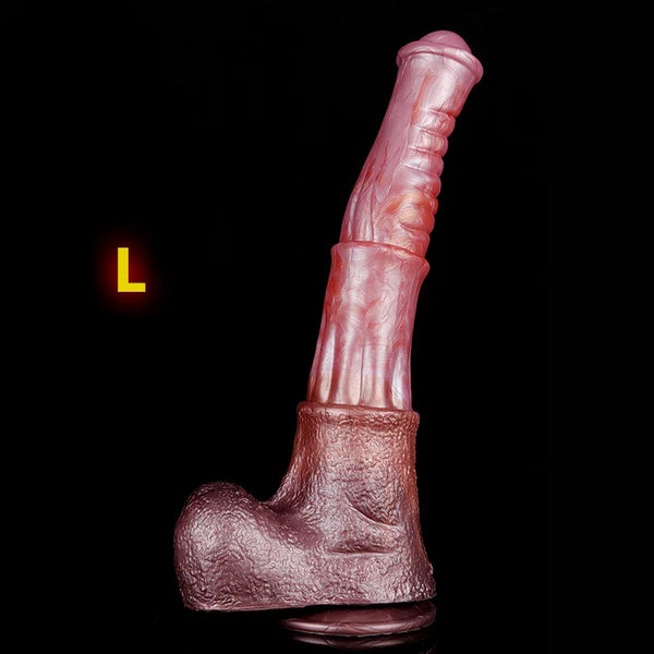 Large realistic horse dildo shown upright on black, with a yellow “L” size marker