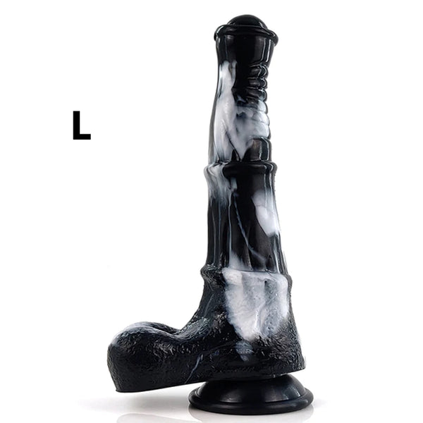 Large black realistic horse dildo standing on a round base, labeled “L”