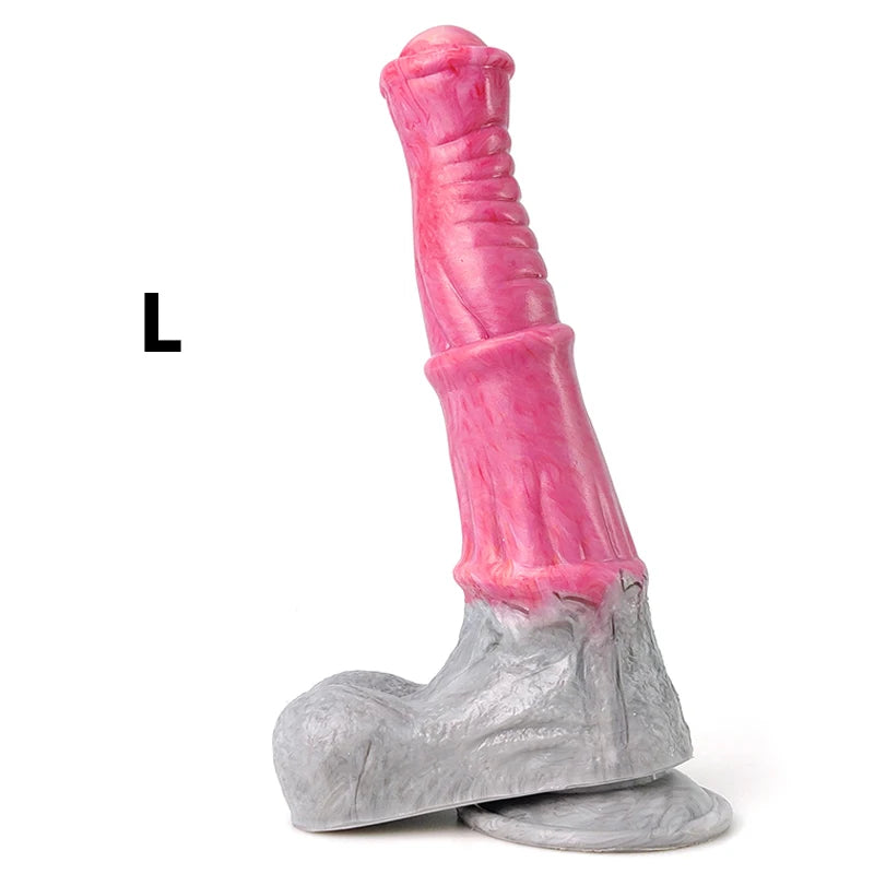 Large pink-and-gray realistic horse-leg dildo, shown upright on a white background with an L label
