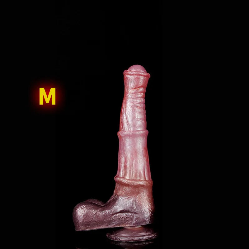 Pink realistic horse dildo shown upright in profile on a black background, marked M