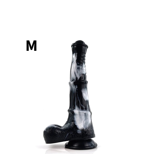 Black realistic horse dildo standing upright on a suction base, with an M beside it
