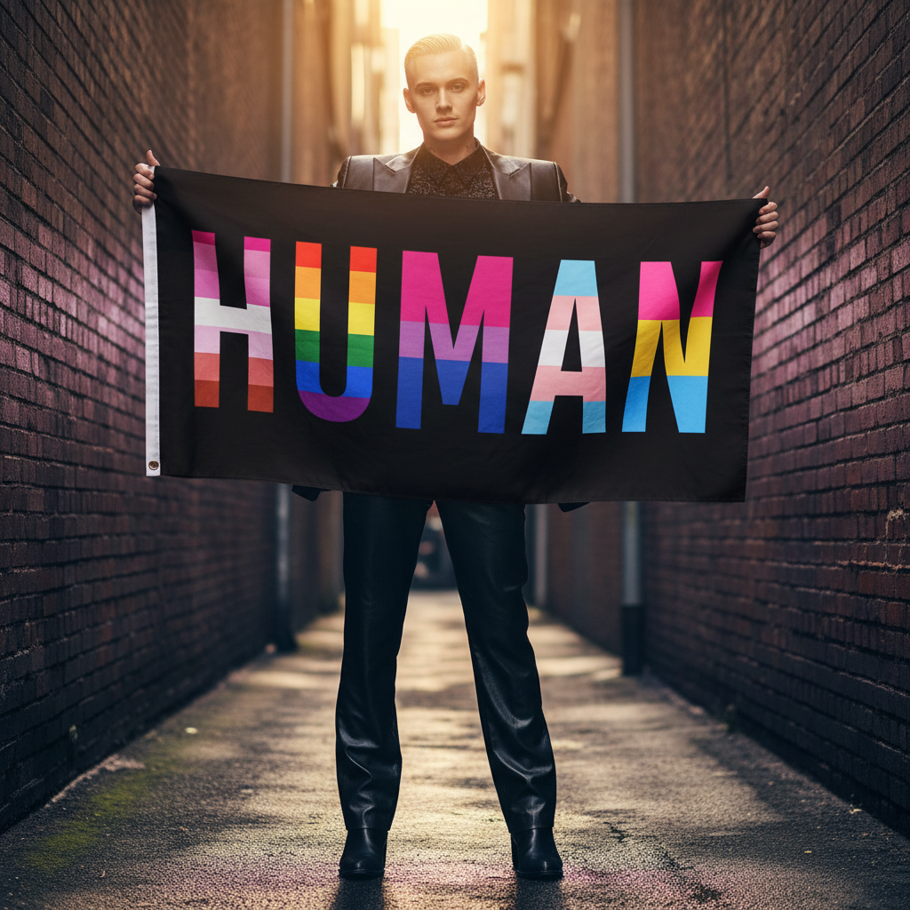 A person holds the HUMAN LGBT Pride Flag in a sunlit alley, with rainbow letters symbolizing unity and equality