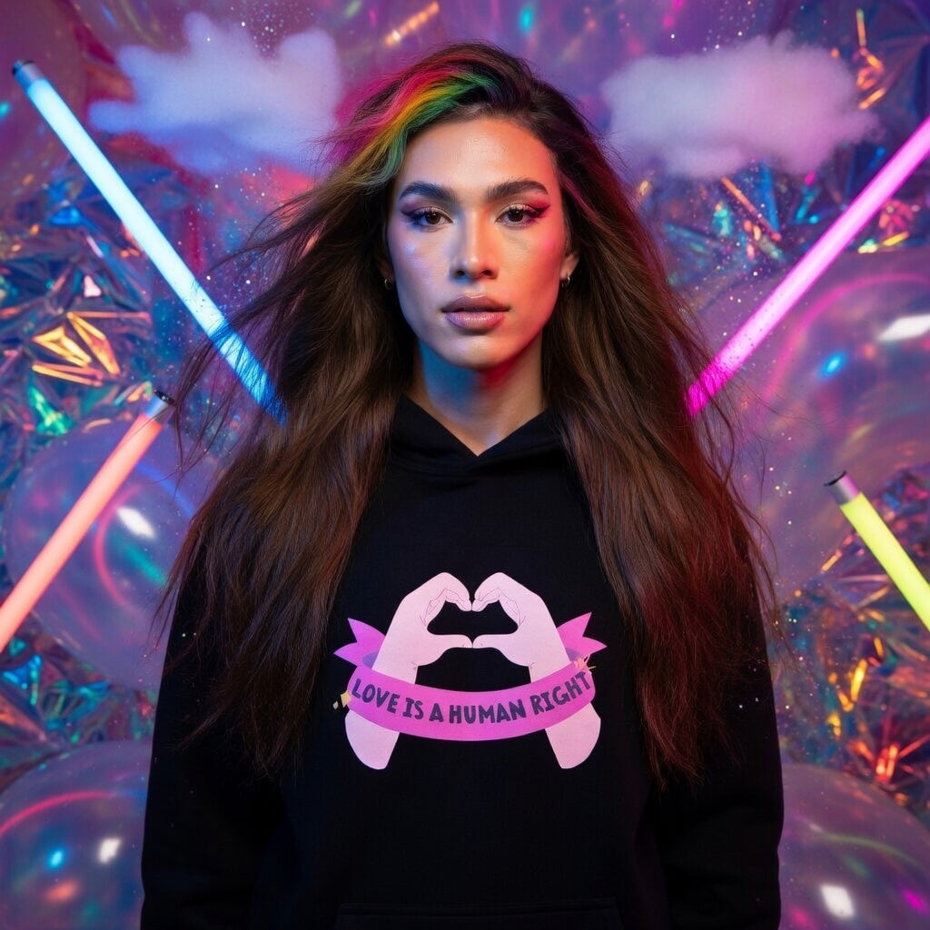 Love Is A Human Right Unisex Hoodie in extra-soft fabric, pink heart-hands graphic, slogan, neon lights and balloons pop behind.