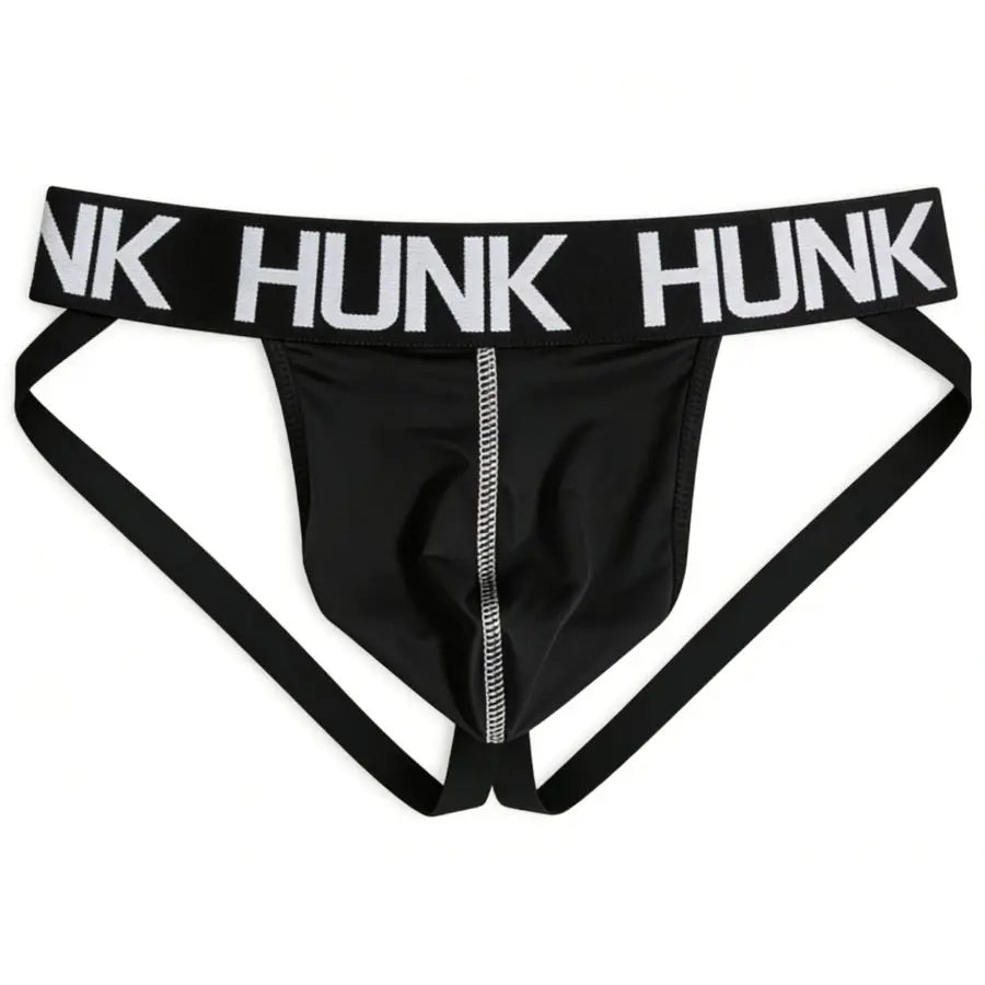 Front view of a black jockstrap with a wide HUNK-logo waistband and contrasting stitching